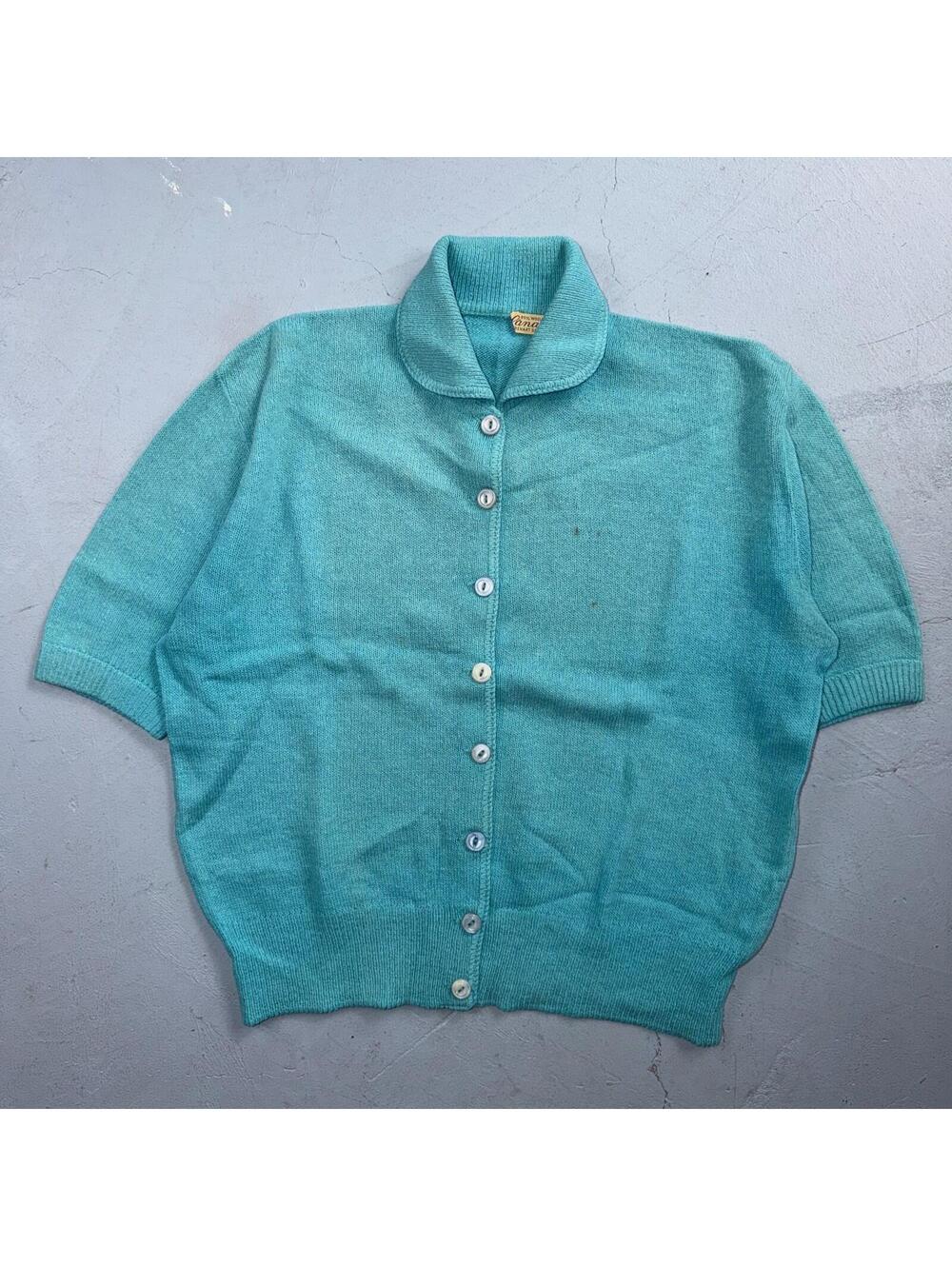 VTG 1940s 1950s Wool Cardigan Sweater Rockabilly Womens Knit Blue Button Rabbit